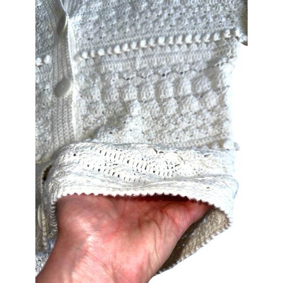 Vintage White Knit Cardigan Button Front Hand Knit Sweater Womens Medium - Picture 7 of 16
